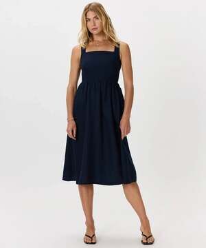 New! Quince 100% European Linen Fit & Flare Midi NAVY Dress. Size xs